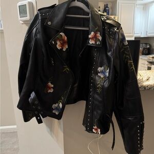 Embroidered Black Leather Jacket